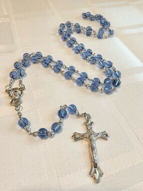 Sky Blue Round Pressed Prayer Rosary with Madonna Centerpiece